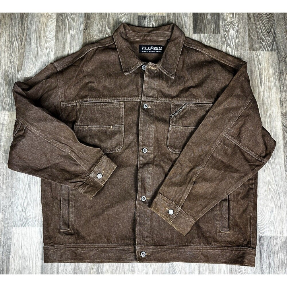 Rare Vintage PELLE PELLE Marc Buchanan Button Front Denim Jacket Y2K Brown 2XL